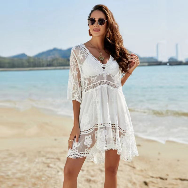 Lace Patchwork Embroidered Beach Blouse Sexy Seaside Vacation Sun Protection Shirt Beach Cover Up Bella Mia